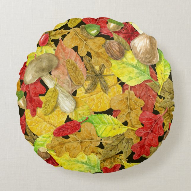 Watercolor autumn pattern round pillow (Front)