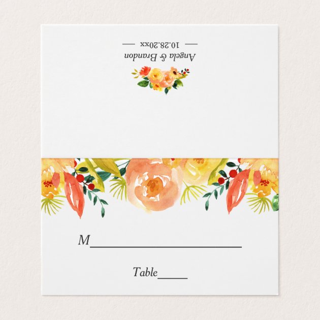 Watercolor Autumn Peach Floral Bouquet Wedding Place Card