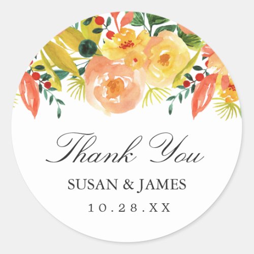 Watercolor Autumn Peach Floral Wedding Favor Classic Round Sticker