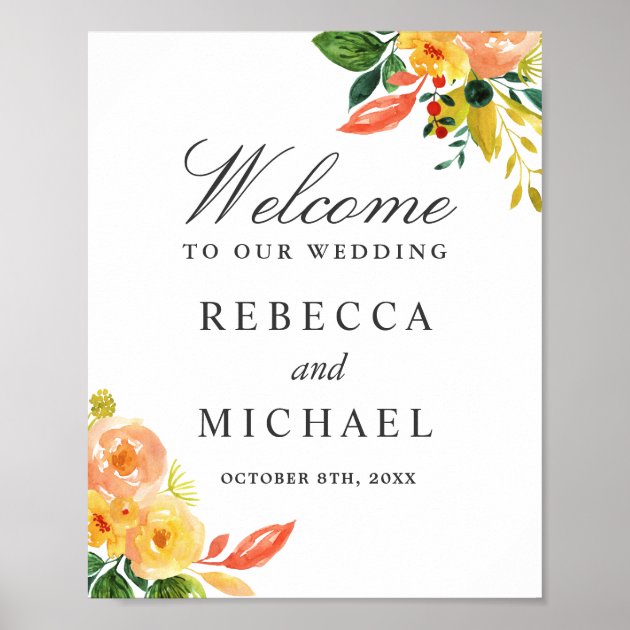Watercolor Autumn Peach Floral Wedding Sign