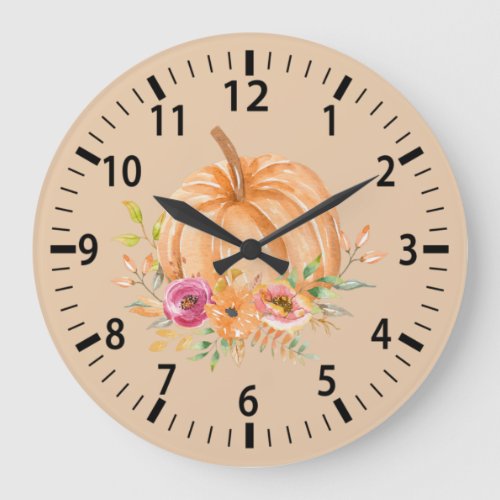 Watercolor Autumn Pumpkin and Flowers Large Clock