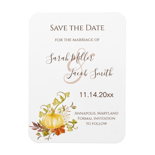 Watercolor Autumn Pumpkin and Leaves Save the Date Magnet (Vertical)