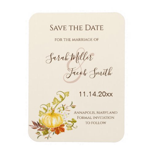 Watercolor Autumn Pumpkin and Leaves Save the Date Magnet