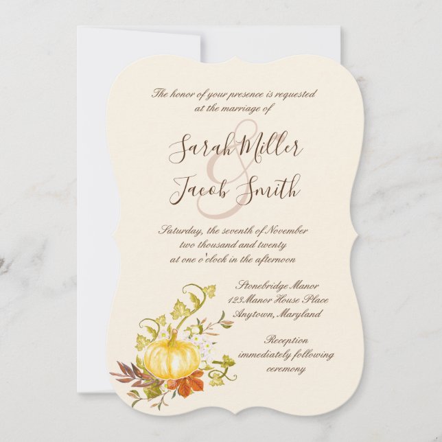 Watercolor Autumn Pumpkin and Leaves Wedding Invitation (Front)