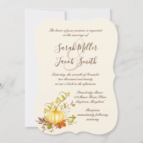 Watercolor Autumn Pumpkin and Leaves Wedding Invitation