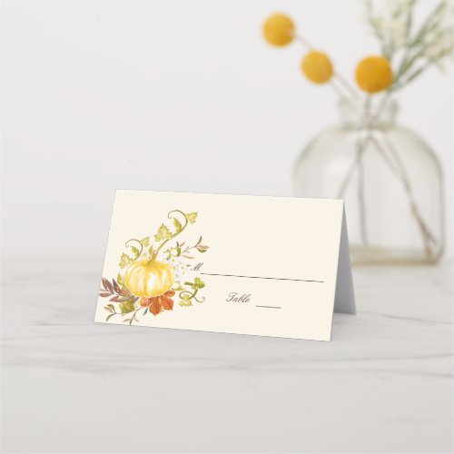 Watercolor Autumn Pumpkin and Leaves Wedding Place Card