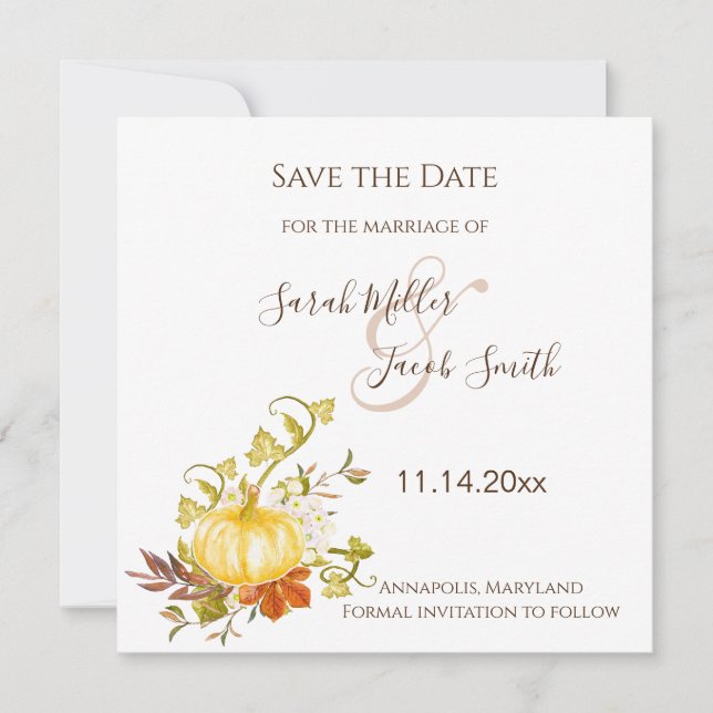 Watercolor Autumn Pumpkin and Leaves Wedding Save The Date (Front)