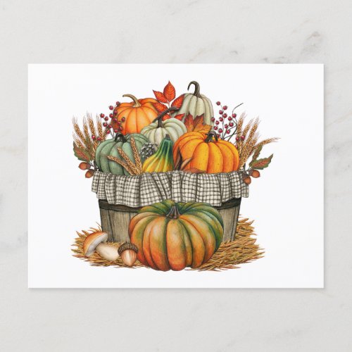 Watercolor Autumn Pumpkin and Wheat Harvest  Holiday Postcard