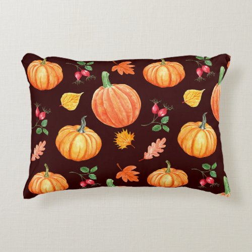 Watercolor Autumn Pumpkin Floral Pattern Accent Pillow