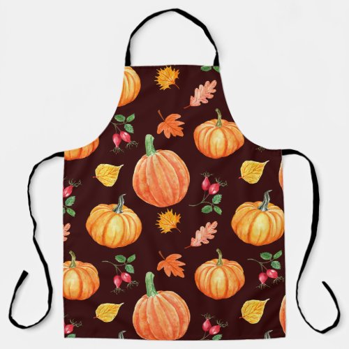 Watercolor Autumn Pumpkin Floral Pattern Apron