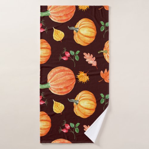 Watercolor Autumn Pumpkin Floral Pattern Bath Towel