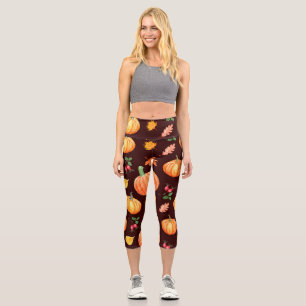 Watercolor Autumn Pumpkin Floral Pattern Capri Leggings