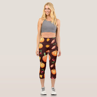 Watercolor Autumn Pumpkin Floral Pattern Capri Leggings