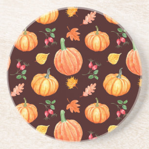 Watercolor Autumn Pumpkin Floral Pattern Coaster