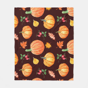 Watercolor Autumn Pumpkin Floral Pattern Fleece Blanket