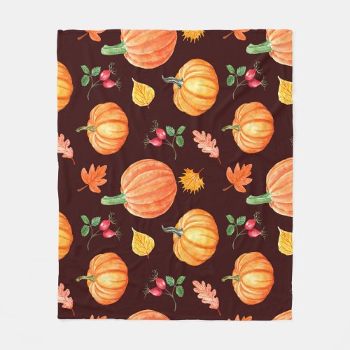 Watercolor Autumn Pumpkin Floral Pattern Fleece Blanket