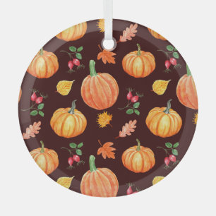 Watercolor Autumn Pumpkin Floral Pattern Glass Ornament
