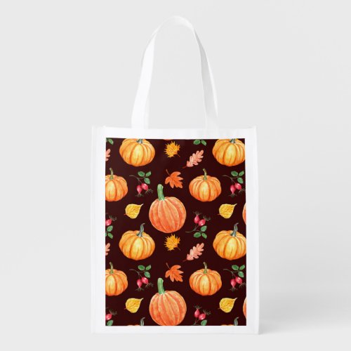 Watercolor Autumn Pumpkin Floral Pattern Grocery Bag