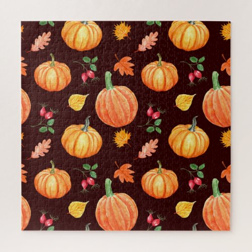 Watercolor Autumn Pumpkin Floral Pattern Jigsaw Puzzle