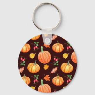 Watercolor Autumn Pumpkin Floral Pattern Keychain