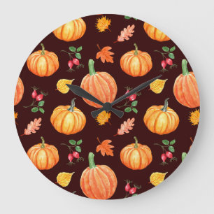 Watercolor Autumn Pumpkin Floral Pattern Large Clock