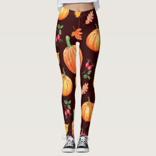 Watercolor Autumn Pumpkin Floral Pattern Leggings
