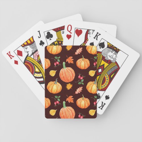 Watercolor Autumn Pumpkin Floral Pattern Playing Cards