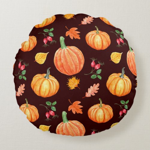 Watercolor Autumn Pumpkin Floral Pattern Round Pillow