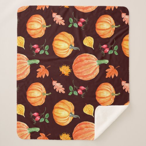 Watercolor Autumn Pumpkin Floral Pattern Sherpa Blanket