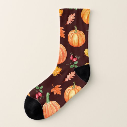 Watercolor Autumn Pumpkin Floral Pattern Socks