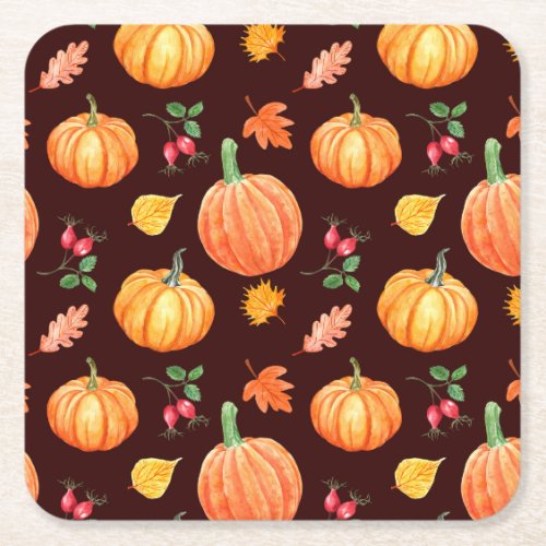 Watercolor Autumn Pumpkin Floral Pattern Square Paper Coaster