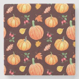 Watercolor Autumn Pumpkin Floral Pattern Stone Coaster