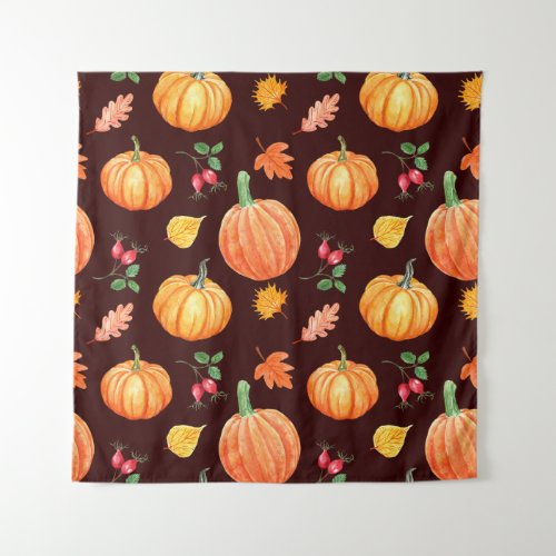 Watercolor Autumn Pumpkin Floral Pattern Tapestry