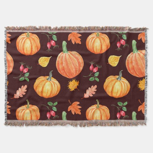 Watercolor Autumn Pumpkin Floral Pattern Throw Blanket