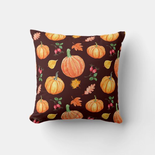Watercolor Autumn Pumpkin Floral Pattern Throw Pillow