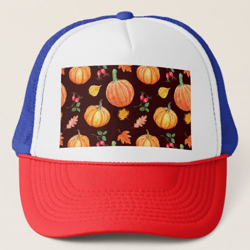 Watercolor Autumn Pumpkin Floral Pattern Trucker Hat