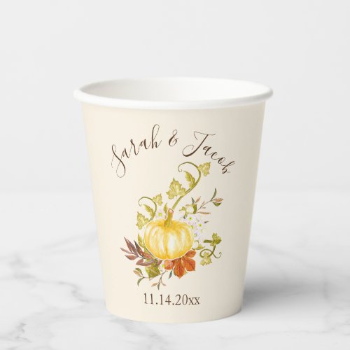 Watercolor Autumn Pumpkin  Leaves Wedding Paper Cups