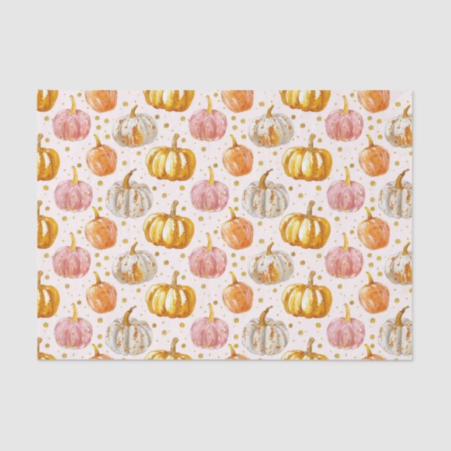 Watercolor Autumn Pumpkin Pattern Fall Decoupage Tissue Paper (Front)