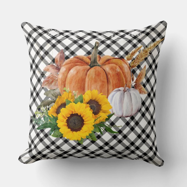 Watercolor Autumn Pumpkin Sunflowers Thanksgiving Throw Pillow (Front)