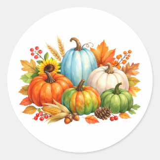 Watercolor Autumn Pumpkins and Leaves  Classic Round Sticker