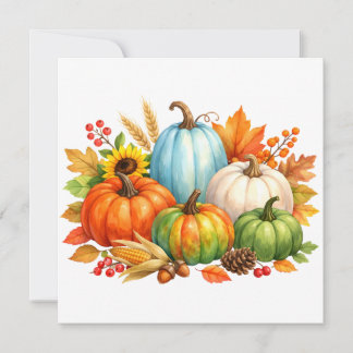 Watercolor Autumn Pumpkins and Leaves Holiday Card