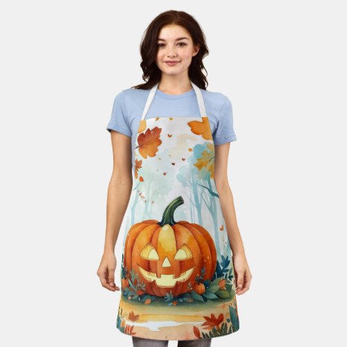 Watercolor Autumn Pumpkins Fall Leaves Forest  Apron