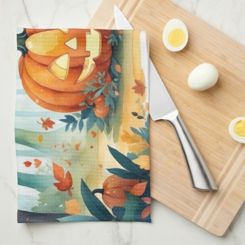 Watercolor Autumn Pumpkins Fall Leaves Forest  Kitchen Towel