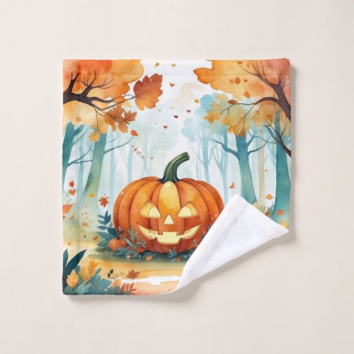 Watercolor Autumn Pumpkins Fall Leaves Forest Wash Cloth