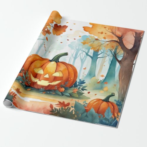 Watercolor Autumn Pumpkins Forest Fall Leaves Wrapping Paper