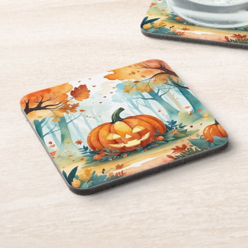 Watercolor Autumn Pumpkins Harvest Forest  Beverage Coaster