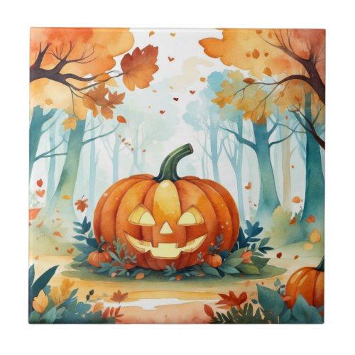 Watercolor Autumn Pumpkins Harvest Forest  Ceramic Tile