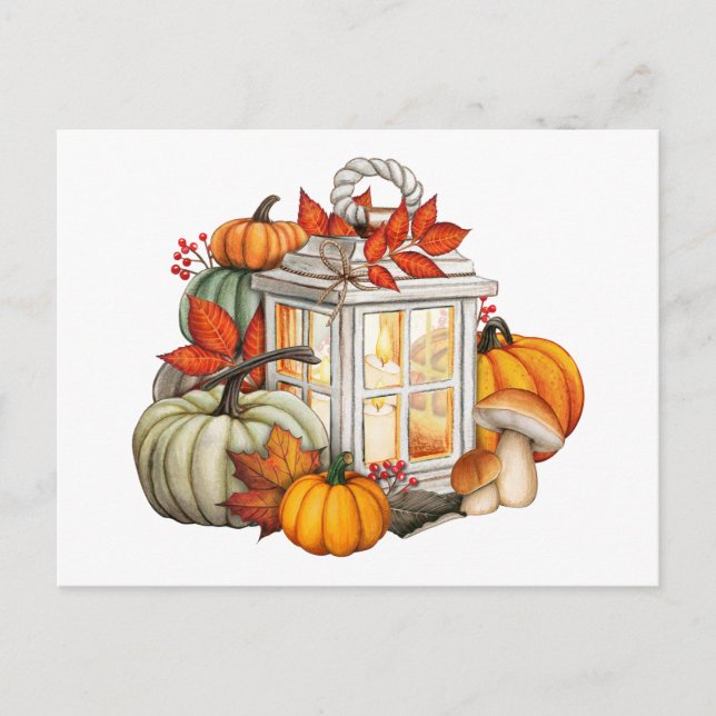 Watercolor Autumn Pumpkins, Leaves and Berries  Postcard (Front)