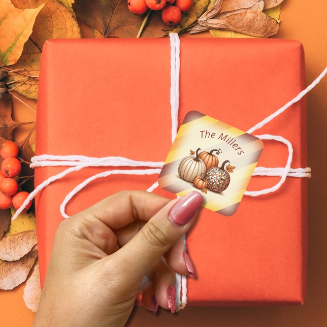 Watercolor Autumn pumpkins pattern personalized Square Sticker (Watercolor Autumn pumpkins pattern personalized Square Sticker)
