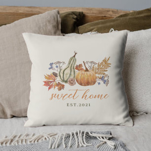 Watercolor Autumn Pumpkins Sweet Home Throw Pillow